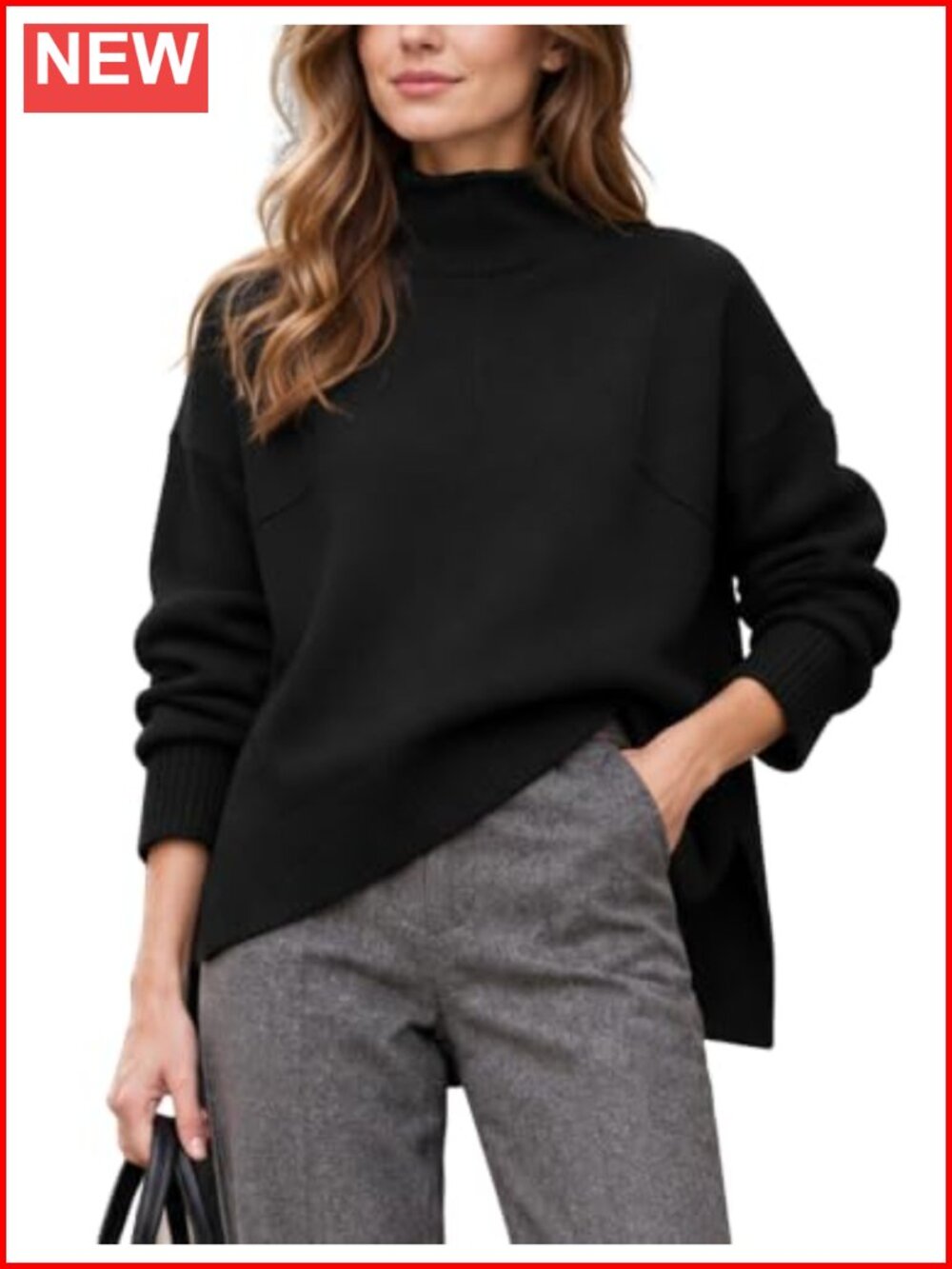 Mock Neck Loose Knit Pullover Sweater Casual Drop Shoulder